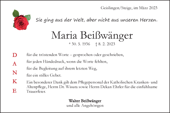 Traueranzeige von Maria Beißwänger von Geislinger Zeitung
