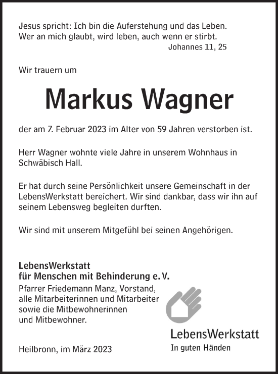 Traueranzeige von Markus Wagner von Haller Tagblatt