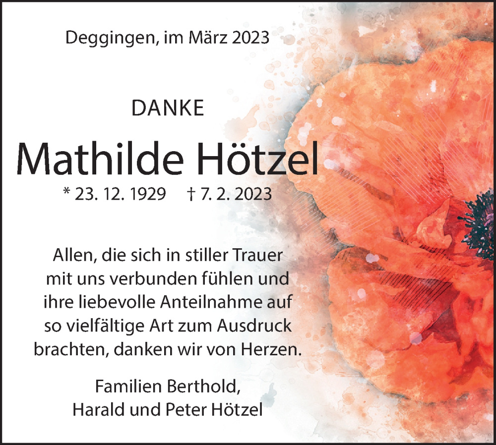  Traueranzeige für Mathilde Hötzel vom 10.03.2023 aus Geislinger Zeitung