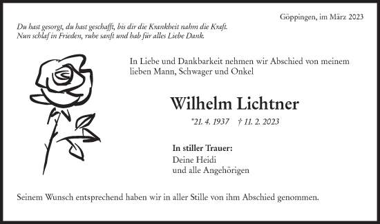 Traueranzeige von Wilhelm Lichtner von NWZ Neue Württembergische Zeitung