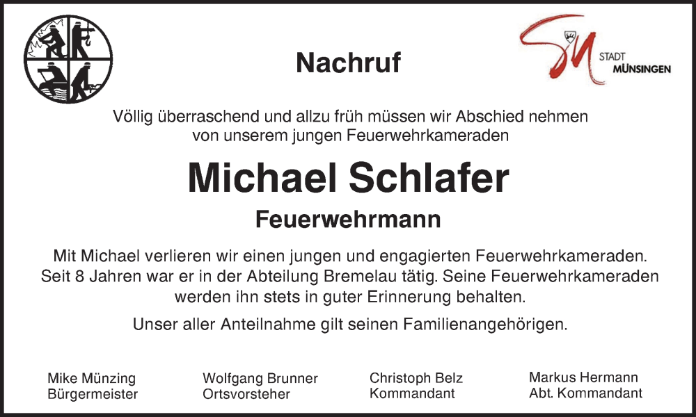  Traueranzeige für Michael Schlafer vom 25.09.2023 aus Alb-Bote/Metzinger-Uracher Volksblatt