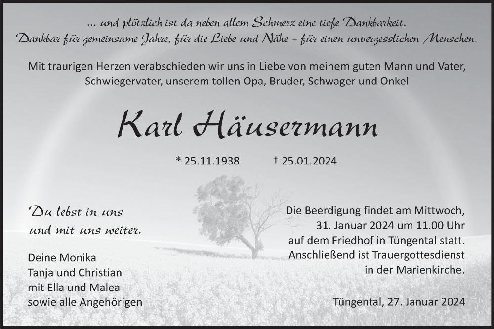  Traueranzeige für Karl Häussermann vom 27.01.2024 aus Haller Tagblatt