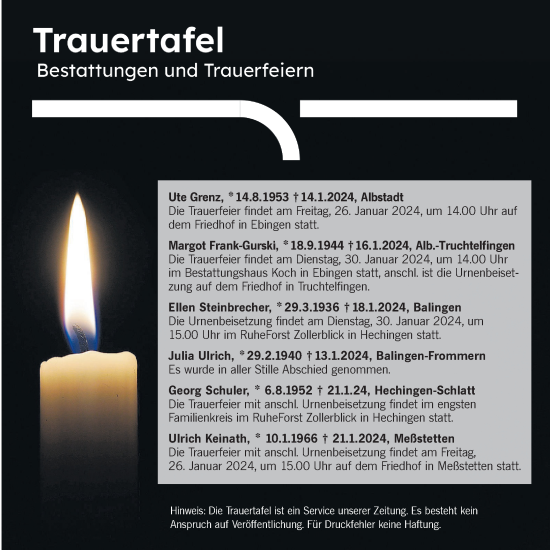 Traueranzeige von Sterbetafel vom 25.01.2024 von Hohenzollerische Zeitung