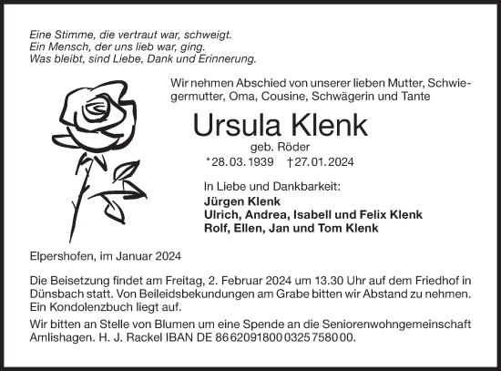 Traueranzeige von Ursula Klenk von Hohenloher Tagblatt