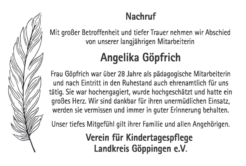  Traueranzeige für Angelika Göpfrich vom 15.11.2024 aus NWZ Neue Württembergische Zeitung
