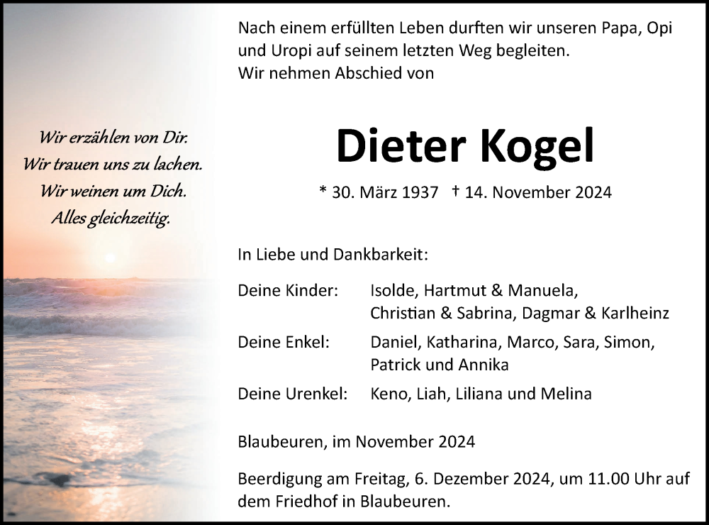  Traueranzeige für Dieter Kogel vom 29.11.2024 aus SÜDWEST PRESSE Ausgabe Ulm/Neu-Ulm/Das Blaumännle