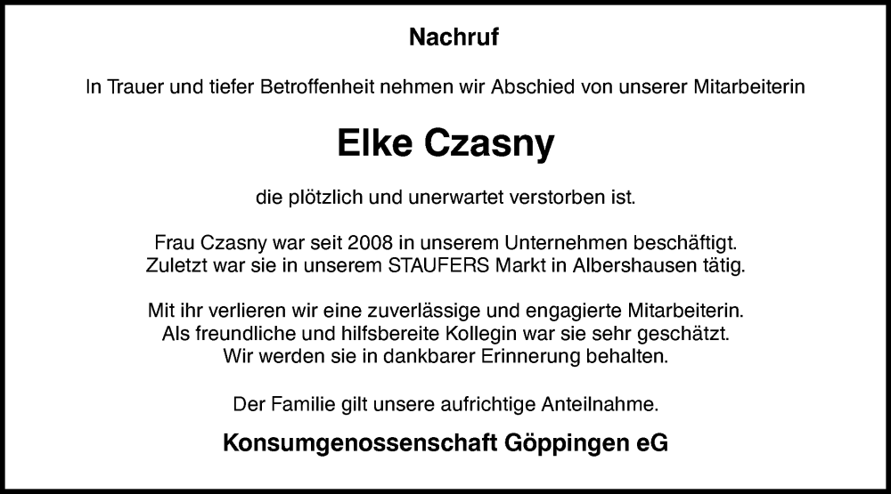  Traueranzeige für Elke Czasny vom 28.11.2024 aus NWZ Neue Württembergische Zeitung