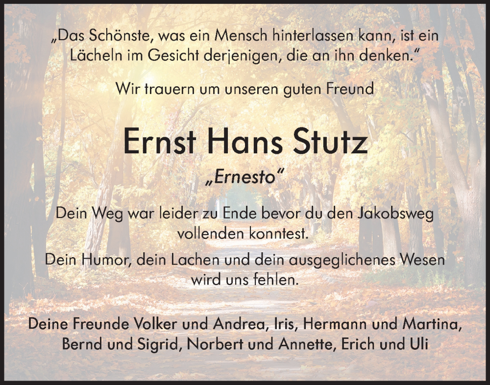  Traueranzeige für Ernst Hans Stutz vom 30.11.2024 aus Hohenloher Tagblatt