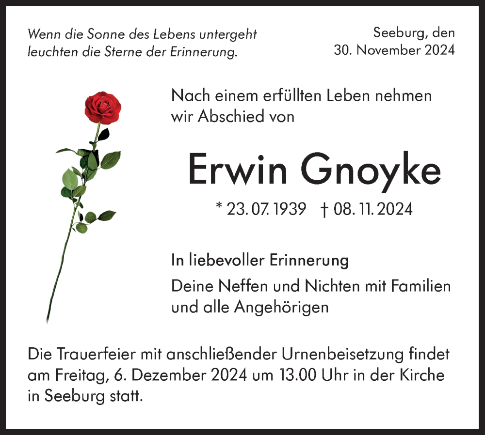  Traueranzeige für Erwin Gnoyke vom 30.11.2024 aus Alb-Bote/Metzinger-Uracher Volksblatt