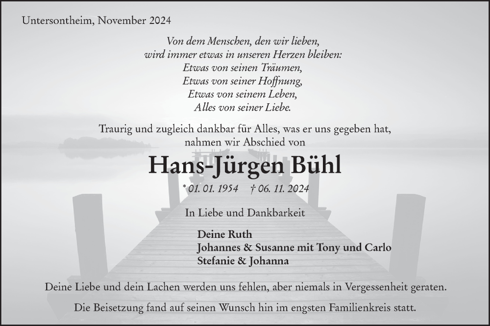  Traueranzeige für Hans-Jürgen Bühl vom 16.11.2024 aus Haller Tagblatt
