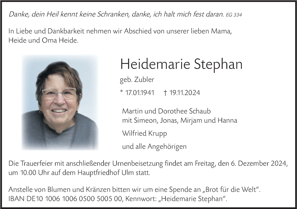  Traueranzeige für Heidemarie Stephan vom 23.11.2024 aus SÜDWEST PRESSE Ausgabe Ulm/Neu-Ulm