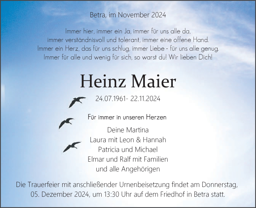  Traueranzeige für Heinz Maier vom 30.11.2024 aus Neckar-Chronik