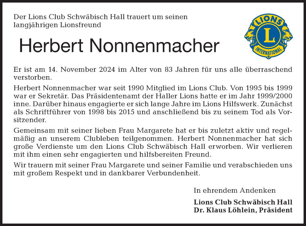  Traueranzeige für Herbert Nonnenmacher vom 26.11.2024 aus Haller Tagblatt