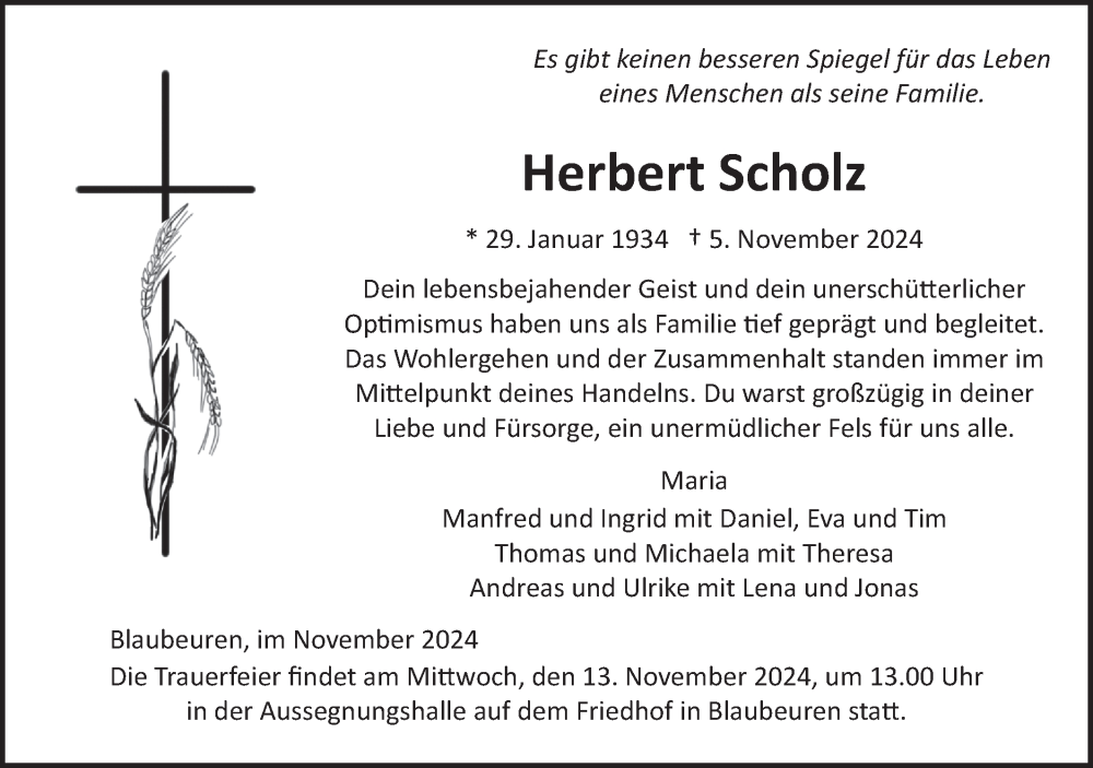  Traueranzeige für Herbert Scholz vom 09.11.2024 aus SÜDWEST PRESSE Ausgabe Ulm/Neu-Ulm