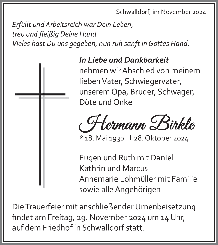  Traueranzeige für Hermann Birkle vom 27.11.2024 aus Schwäbische Tagblatt