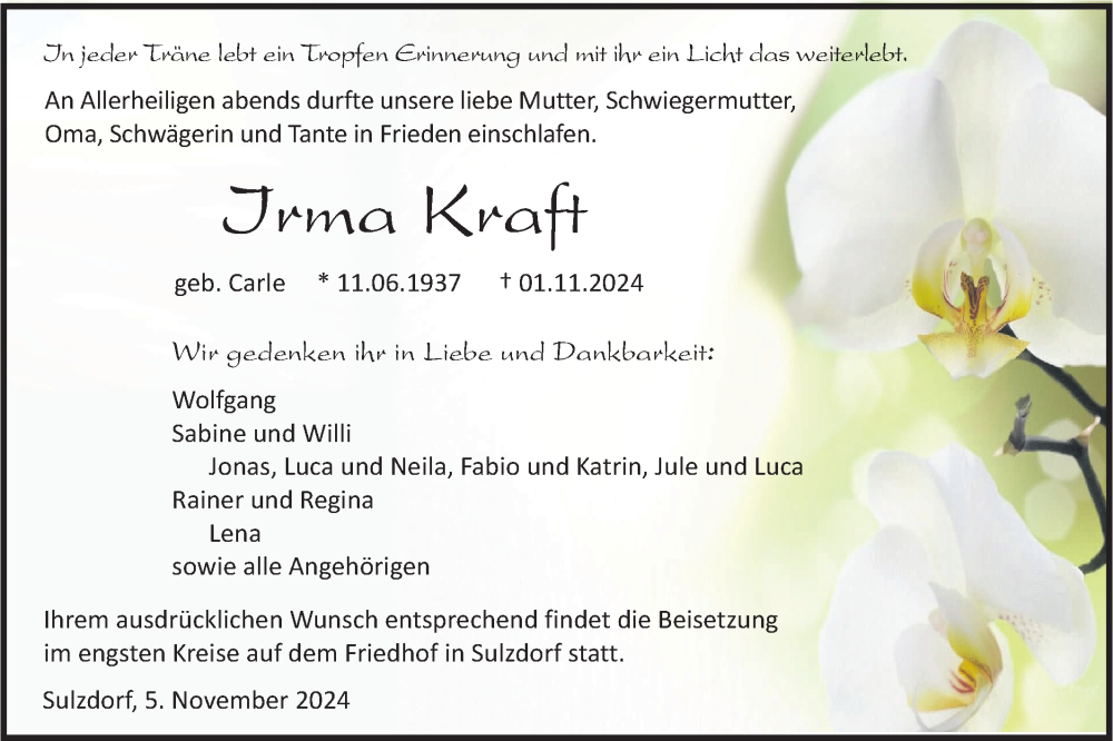  Traueranzeige für Irma Kraft vom 05.11.2024 aus Haller Tagblatt