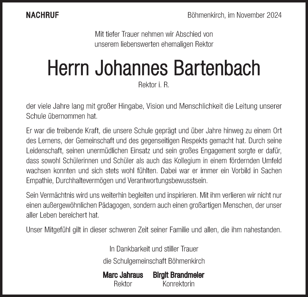  Traueranzeige für Johannes Bartenbach vom 26.11.2024 aus Geislinger Zeitung