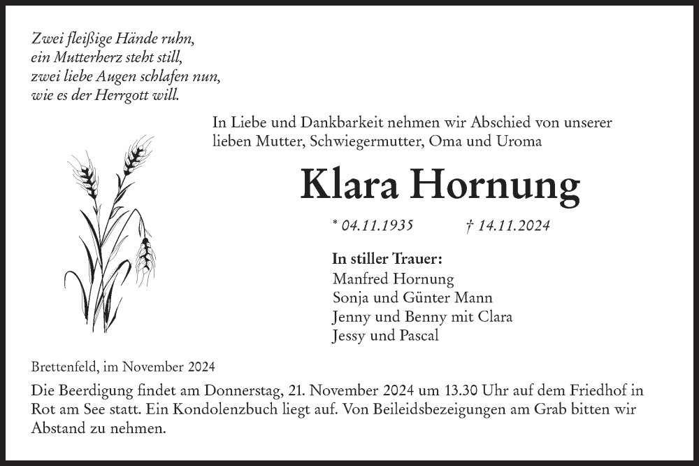  Traueranzeige für Klara Hornung vom 19.11.2024 aus Hohenloher Tagblatt