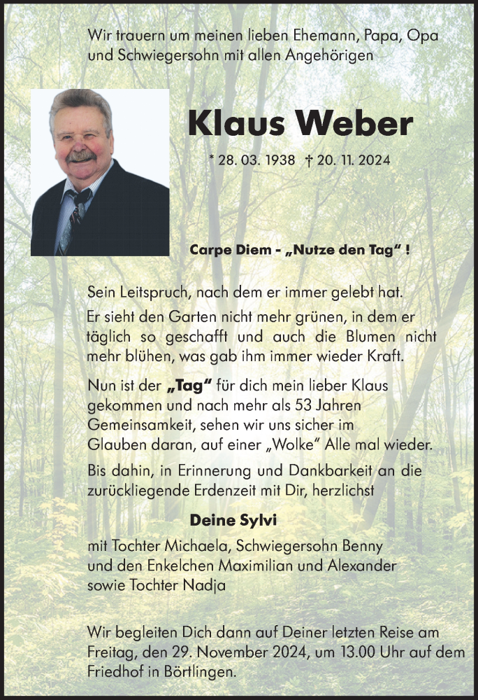  Traueranzeige für Klaus Weber vom 23.11.2024 aus NWZ Neue Württembergische Zeitung