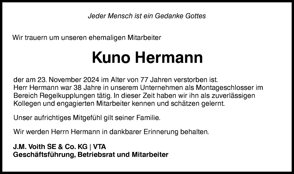  Traueranzeige für Kuno Hermann vom 29.11.2024 aus Hohenloher Tagblatt