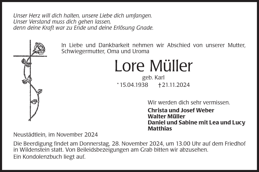  Traueranzeige für Lore Müller vom 26.11.2024 aus Hohenloher Tagblatt