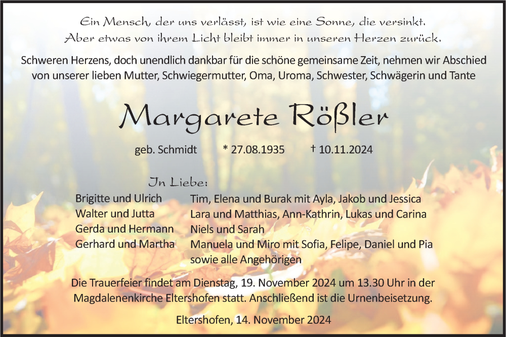  Traueranzeige für Margarete Rößler vom 14.11.2024 aus Haller Tagblatt