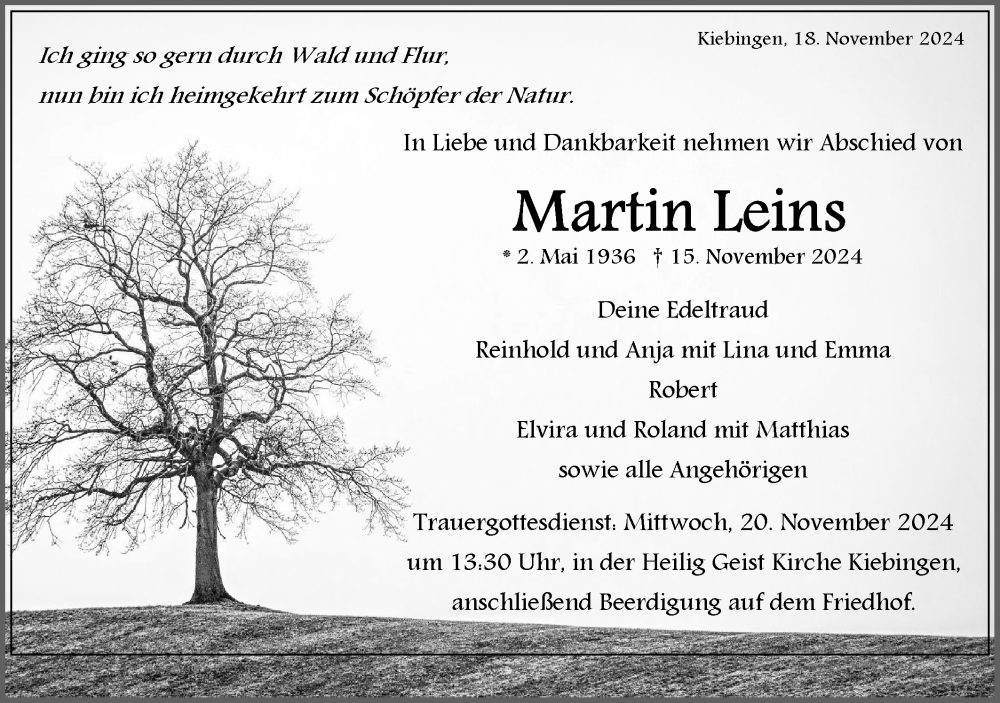  Traueranzeige für Martin Leins vom 18.11.2024 aus Schwäbische Tagblatt