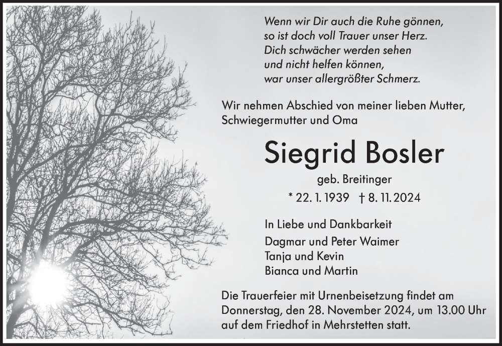  Traueranzeige für Siegrid Bosler vom 25.11.2024 aus Alb-Bote/Metzinger-Uracher Volksblatt