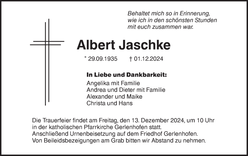  Traueranzeige für Albert Jaschke vom 09.12.2024 aus SÜDWEST PRESSE Ausgabe Ulm/Neu-Ulm/Neu-Ulmer Zeitung