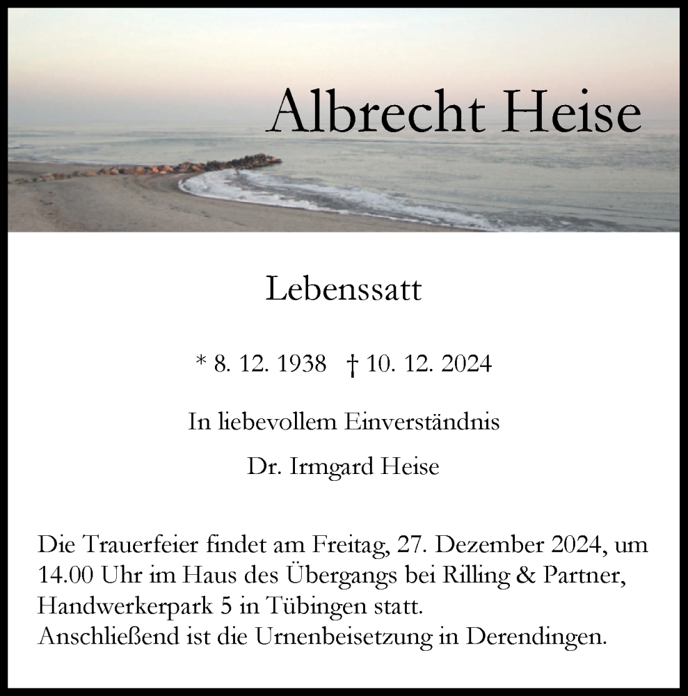  Traueranzeige für Albrecht Heise vom 21.12.2024 aus Schwäbische Tagblatt