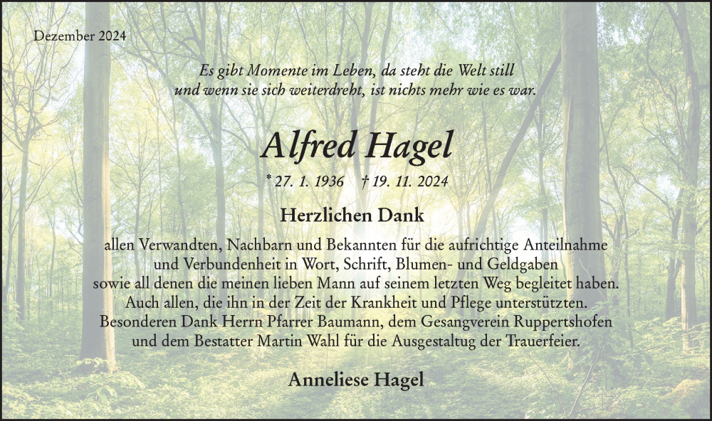  Traueranzeige für Alfred Hagel vom 14.12.2024 aus Rundschau Gaildorf