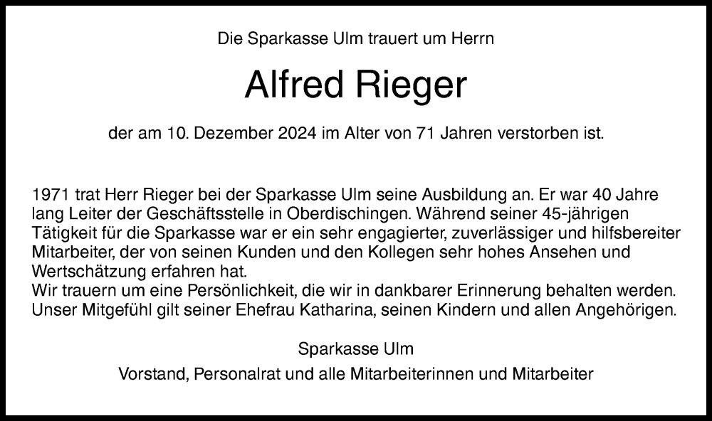  Traueranzeige für Alfred Rieger vom 23.12.2024 aus SÜDWEST PRESSE Ausgabe Ulm/Neu-Ulm