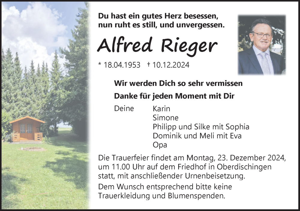 Traueranzeige für Alfred Rieger vom 18.12.2024 aus Ehinger Tagblatt