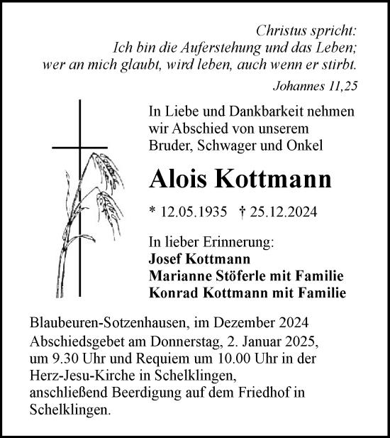 Traueranzeige von Alois Kottmann von SÜDWEST PRESSE Ausgabe Ulm/Neu-Ulm
