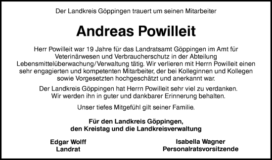 Traueranzeige von Andreas Powilleit von NWZ Neue Württembergische Zeitung/Geislinger Zeitung