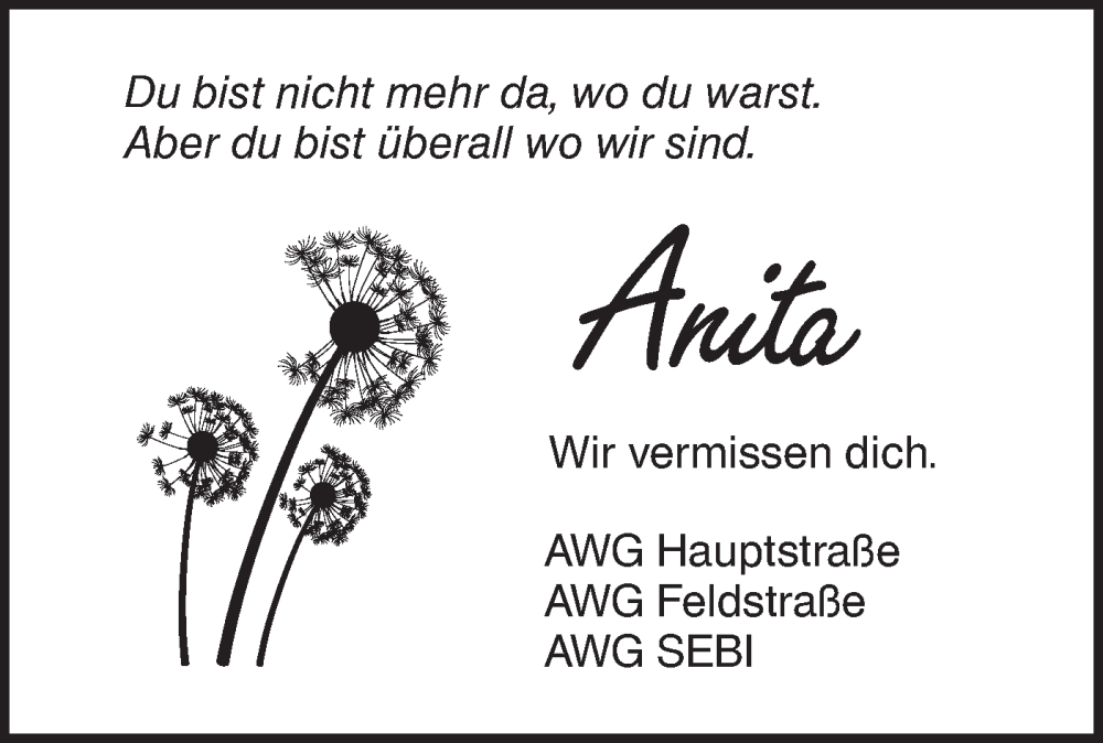  Traueranzeige für Anita  vom 21.12.2024 aus SÜDWEST PRESSE Ausgabe Ulm/Neu-Ulm