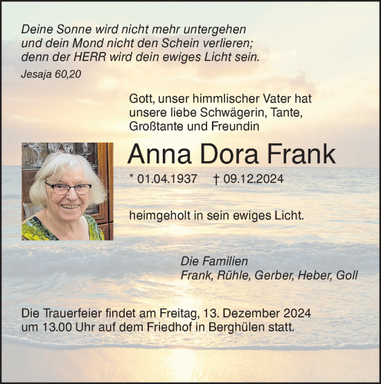Traueranzeige von Anna Dora Frank von SÜDWEST PRESSE Ausgabe Ulm/Neu-Ulm