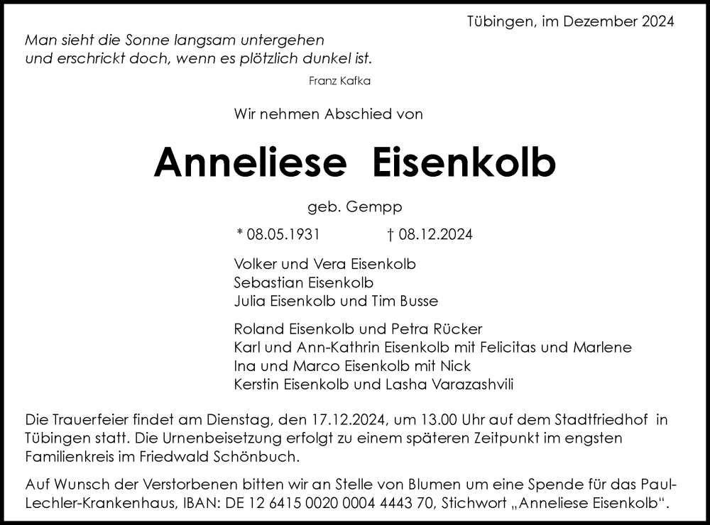  Traueranzeige für Anneliese Eisenkolb vom 14.12.2024 aus Schwäbische Tagblatt