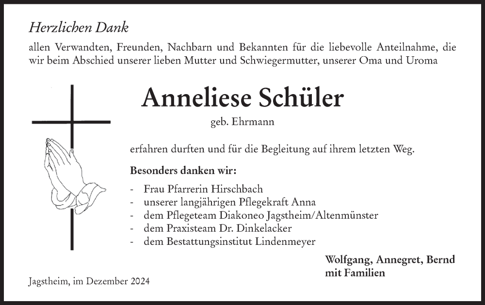  Traueranzeige für Anneliese Schüler vom 14.12.2024 aus Hohenloher Tagblatt