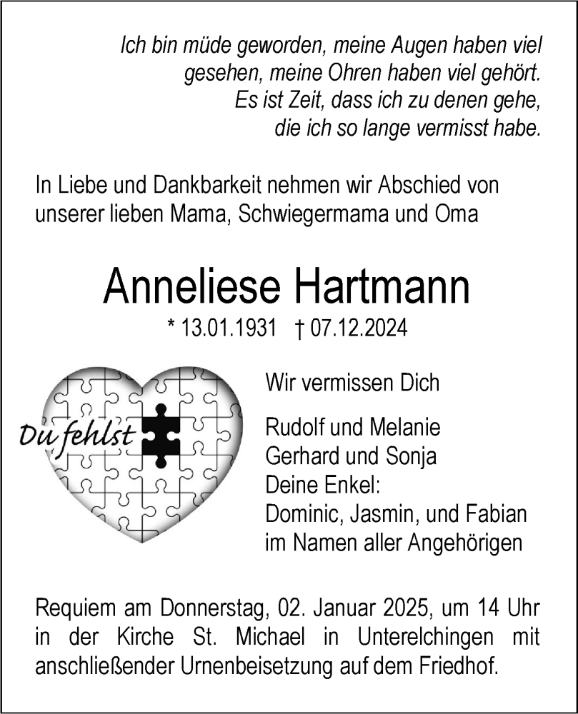  Traueranzeige für Annelise Hartmann vom 28.12.2024 aus SÜDWEST PRESSE Ausgabe Ulm/Neu-Ulm