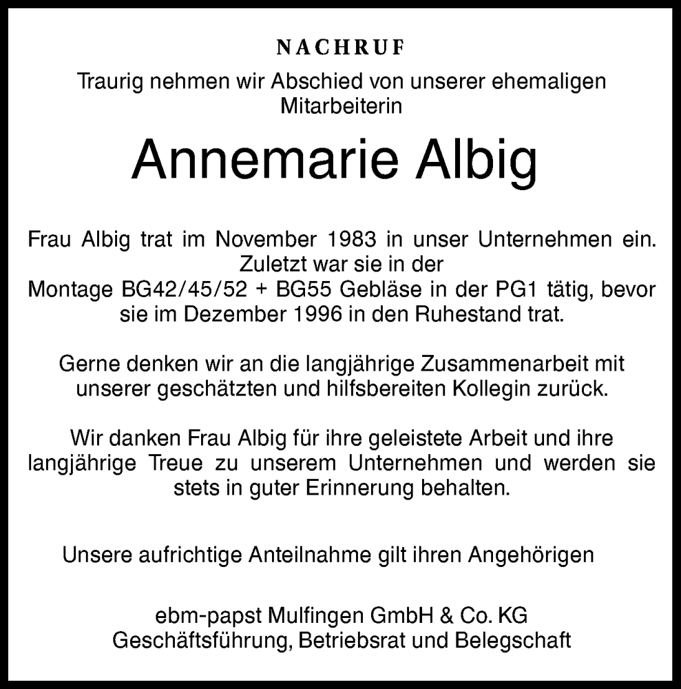  Traueranzeige für Annemarie Albig vom 20.12.2024 aus Hohenloher Tagblatt