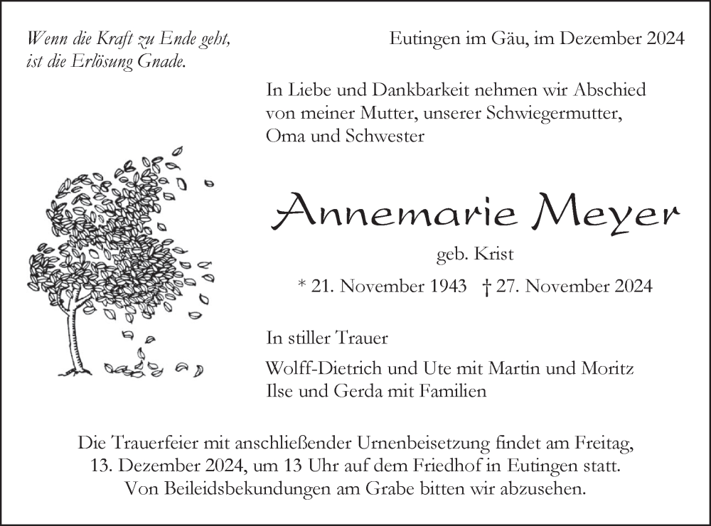  Traueranzeige für Annemarie Meyer vom 07.12.2024 aus Neckar-Chronik