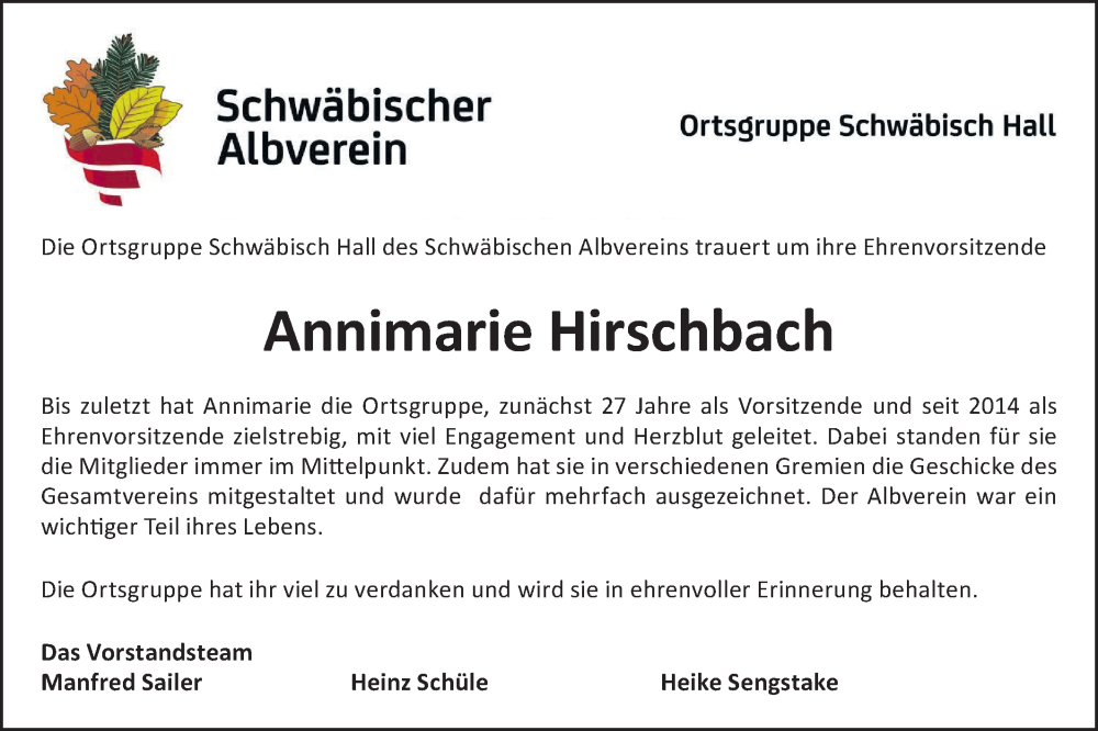  Traueranzeige für Annimarie Hirschbach vom 31.12.2024 aus Haller Tagblatt