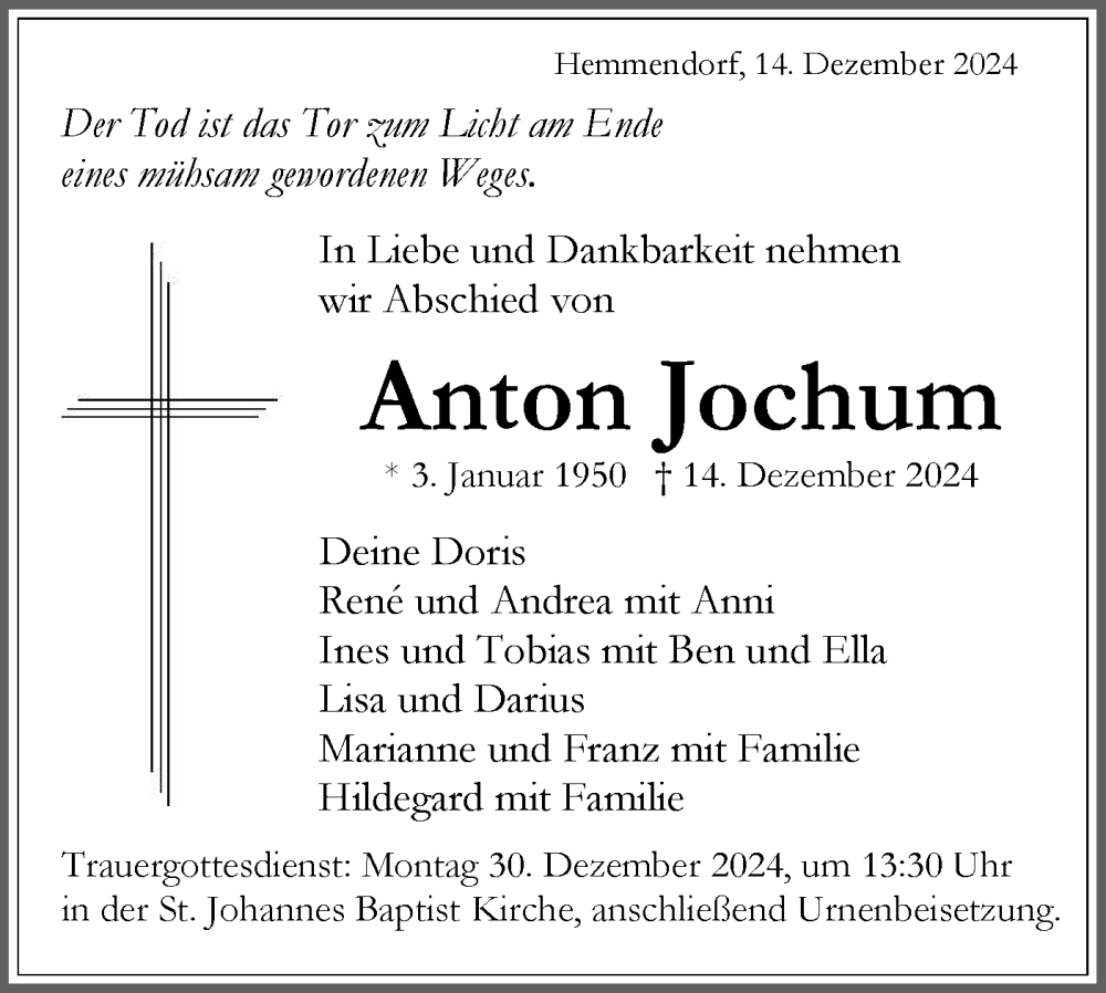  Traueranzeige für Anton Jochum vom 27.12.2024 aus Schwäbische Tagblatt