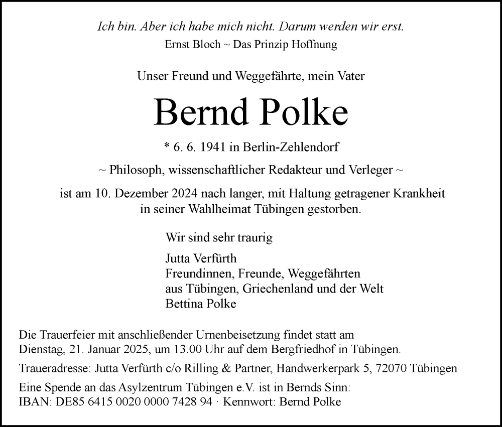  Traueranzeige für Bernd Polke vom 21.12.2024 aus Schwäbische Tagblatt