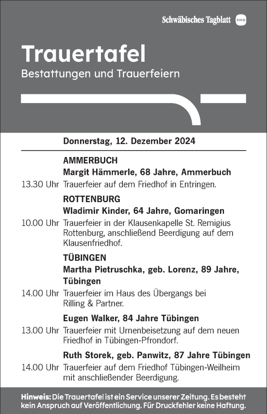 Traueranzeige von Bestattungen vom 12.12.2024 von Schwäbische Tagblatt