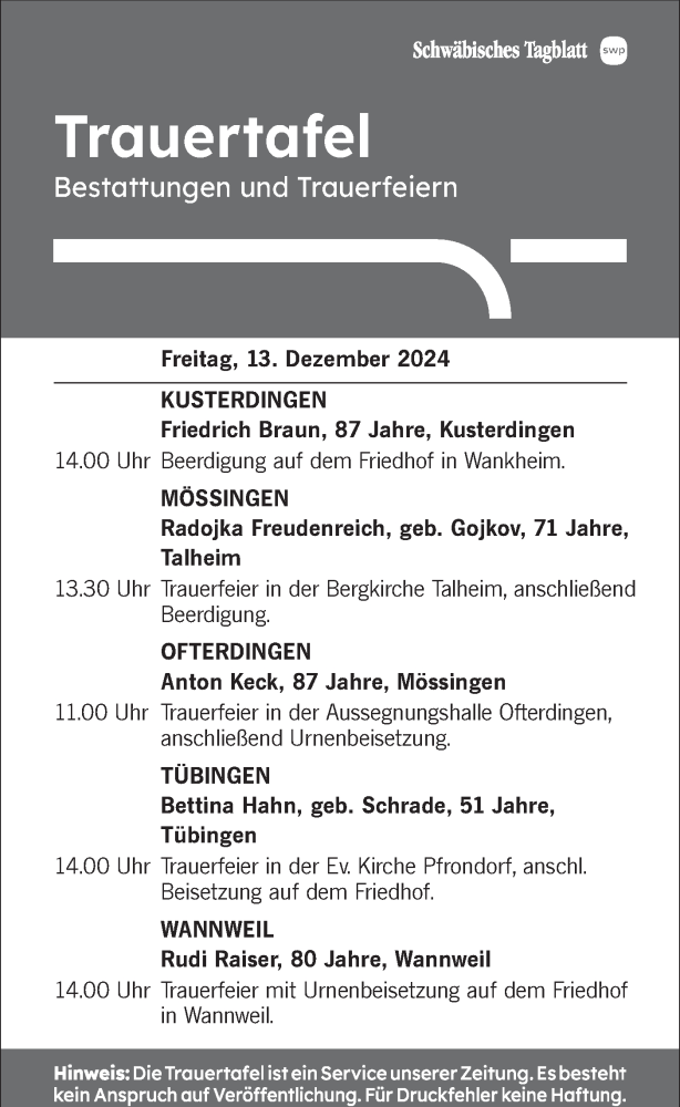  Traueranzeige für Bestattungen vom 13.12.2024 vom 13.12.2024 aus Schwäbische Tagblatt
