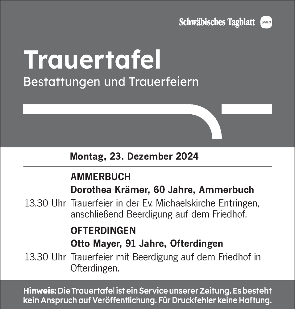  Traueranzeige für Bestattungen vom 23.12.2024 vom 23.12.2024 aus Schwäbische Tagblatt