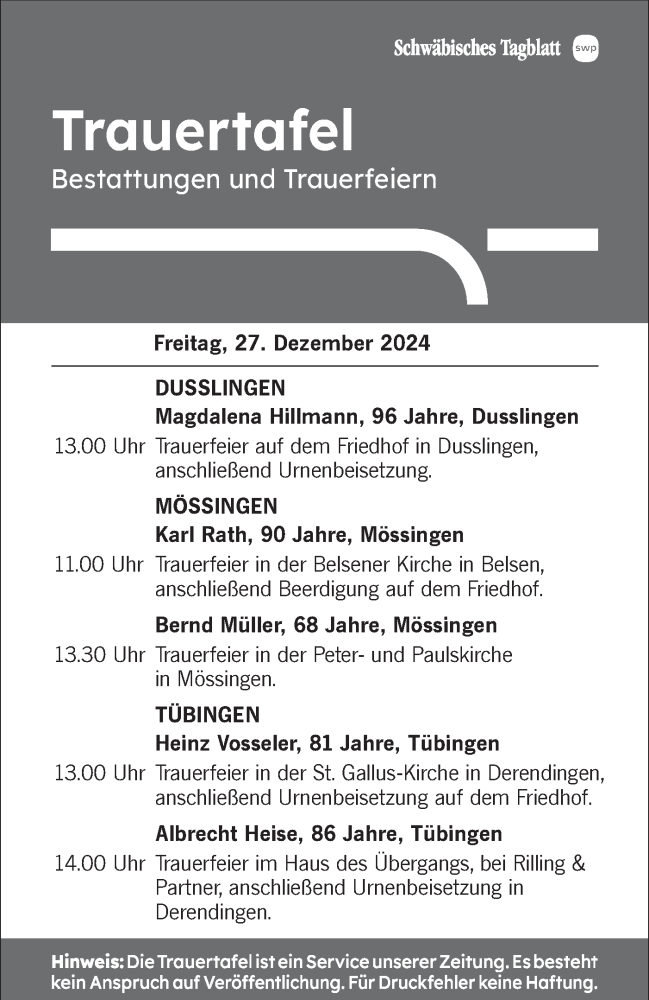  Traueranzeige für Bestattungen vom 27.12.2024 vom 27.12.2024 aus Schwäbische Tagblatt