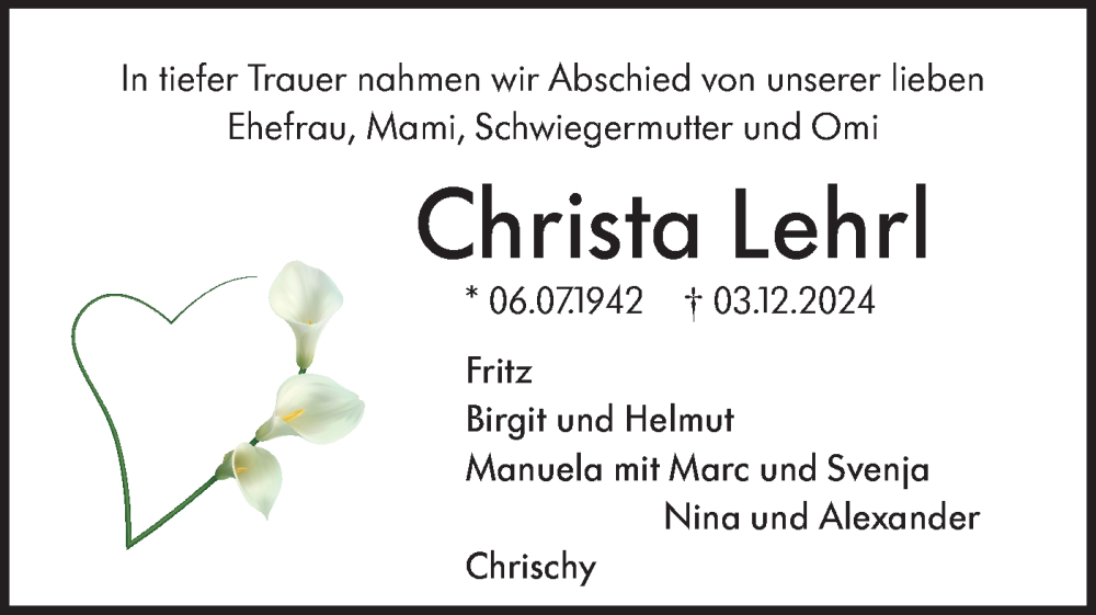  Traueranzeige für Christa Lehrl vom 21.12.2024 aus SÜDWEST PRESSE Ausgabe Ulm/Neu-Ulm